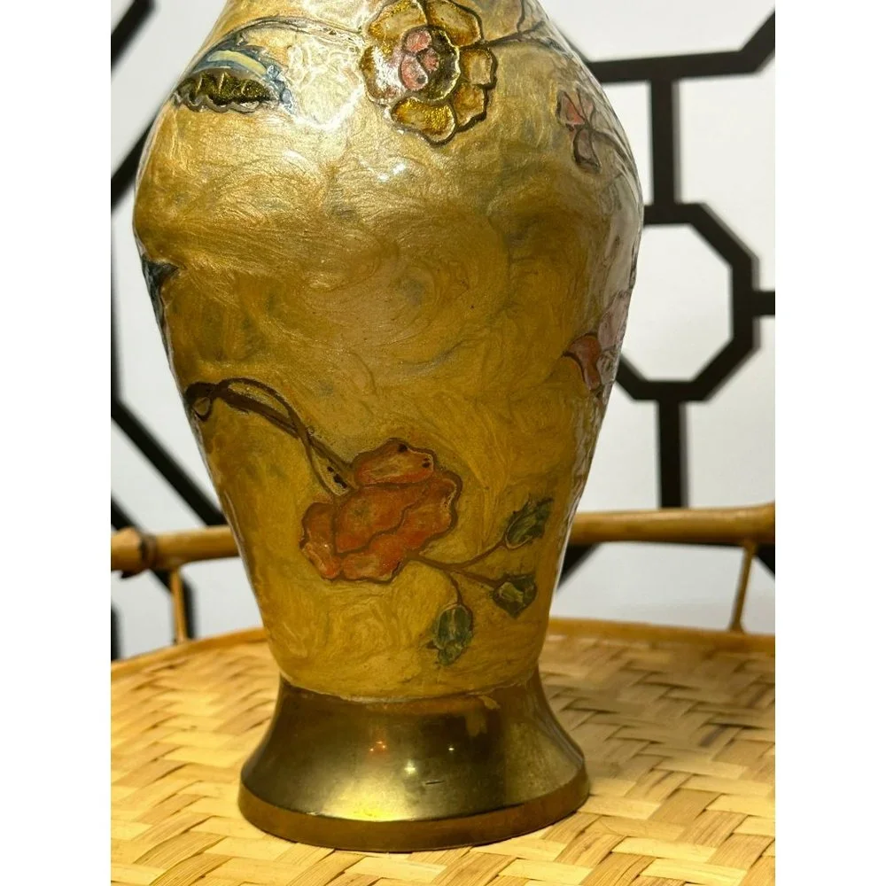 Vintage Gold Brass Vase With Enamel Flowers - BOHO Decor - Shelf Decoration - Picture 4 of 7